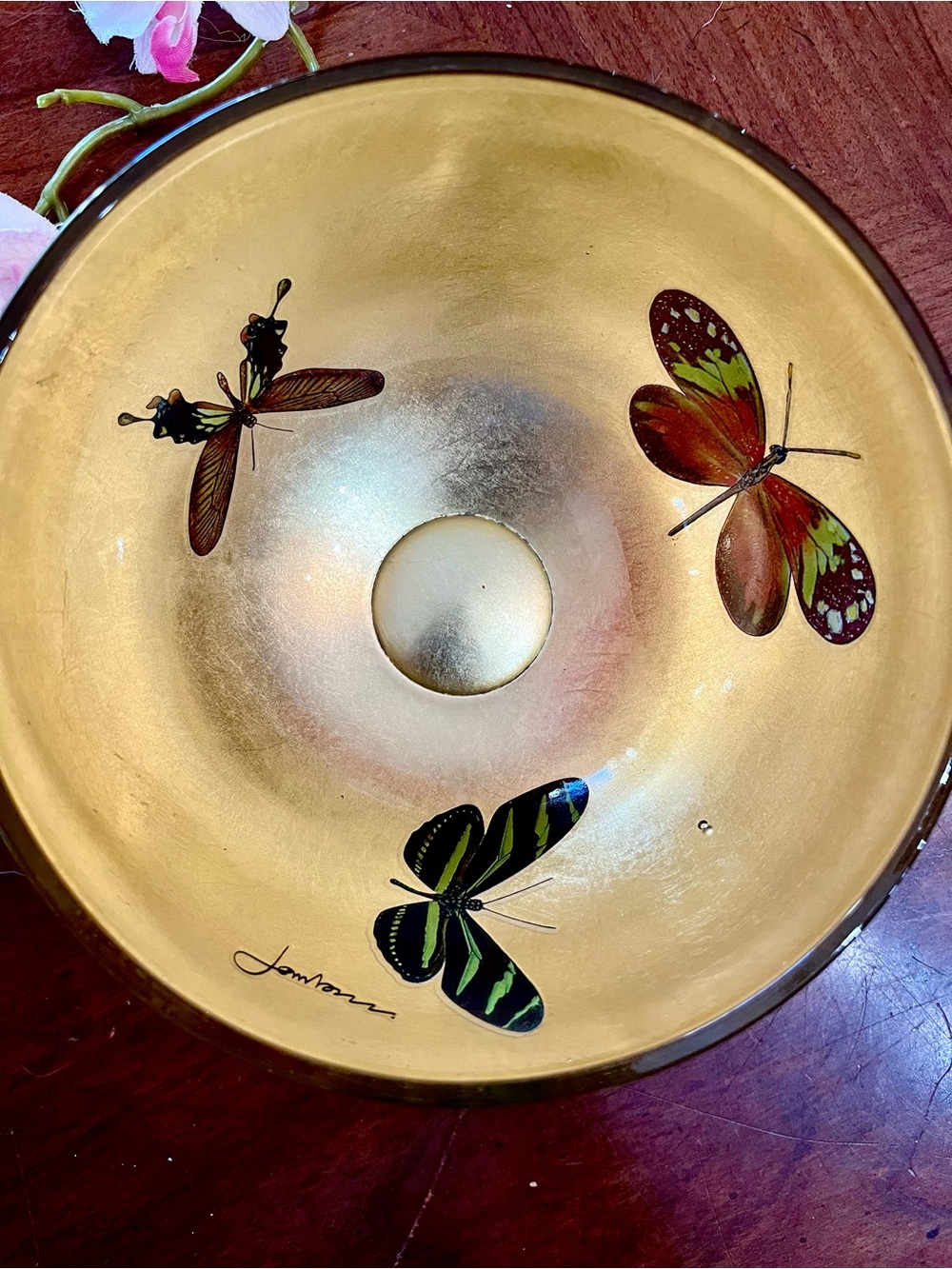 Goebel Glass Art Bowl Joanna Charlotte Signed Gold Leaf Butterfly Decorative